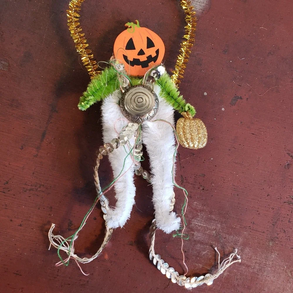 Vintage Style Halloween Chenille‎ Ornament - Peter The Pumpkin Man OOAK